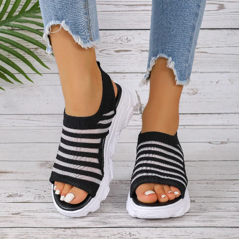 Sandals in ebony -Women Striped Mesh Platform Peep-Toe Sandals