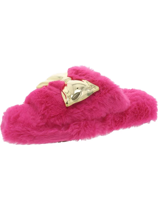 Slippers with picnic styleTHE FUZZY BOW Womens Faux Fur Rubber sole Slide Slippers