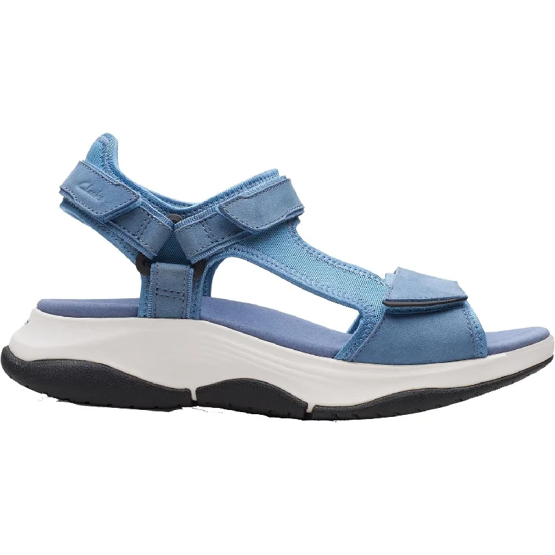 Sandals for office wear -Women's Clarks Wave 2.0 Skip Blue Combi Textile/Nubuck