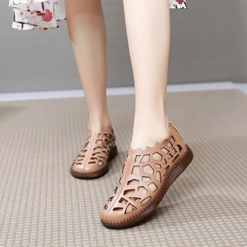 Sandals for warm looks -OCW Summer Leather Hollow Women Shoes Sandals Casual Flat Soft Sole Comfortable Sandals