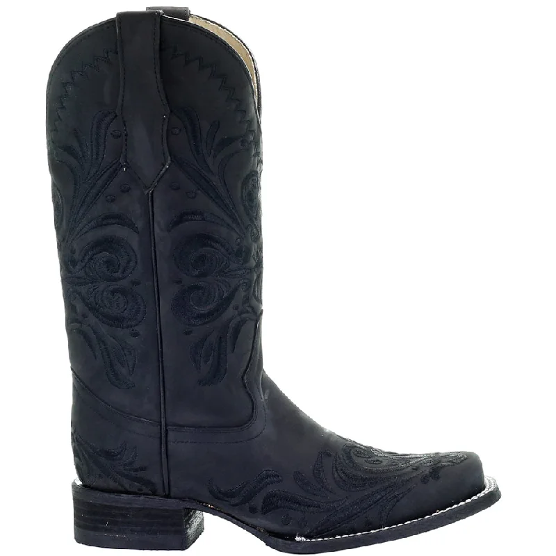 Cowboy boots for frosty days-All Black Tooled-Inlay Square Toe Cowboy Boots