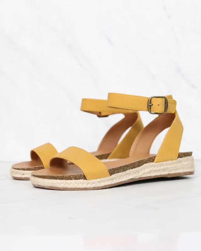 Sandals for warm looks -Single Band Platform Espadrille Sandals With Ankle Straps in Mustard