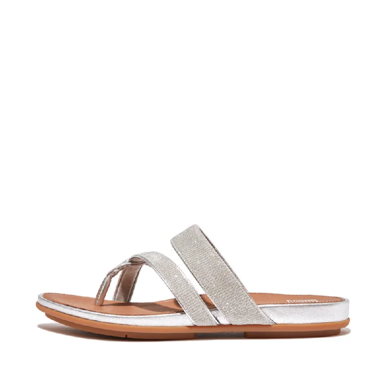 Sandals with cozy vibes -FitFlop HQ2-011 Gracie Shimmerlux Strappy Ladies Silver Toe Post Sandals