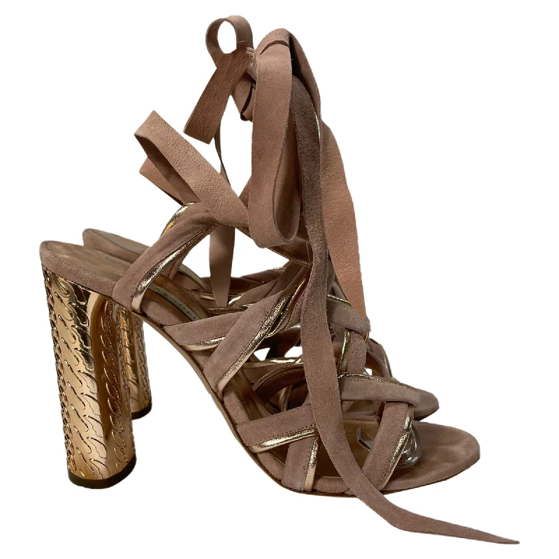 Sandals with supportive looks -Casadei Wrap Around Textured Heel Sandals in Rose Pink Suede