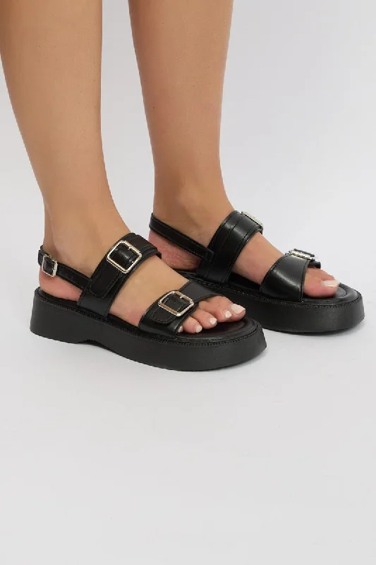 Sandals with fun patterns -Black Buckle Detail Chunky Sandals