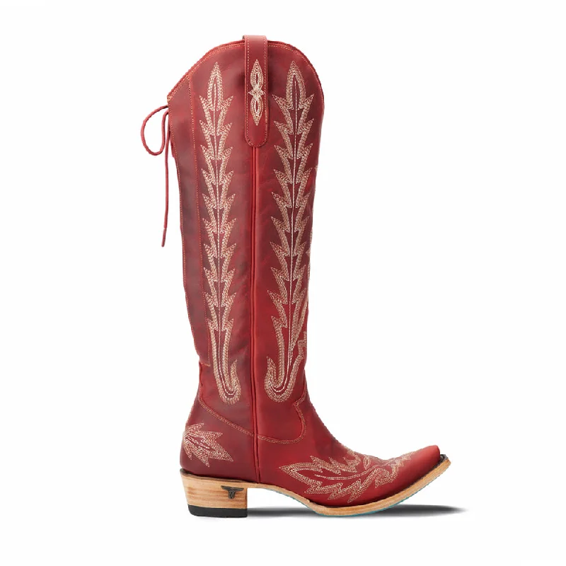 Cowboy boots with calf height-Lexington Knee High Corset Embroidered Snip Toe Zippered Cowboy Boots