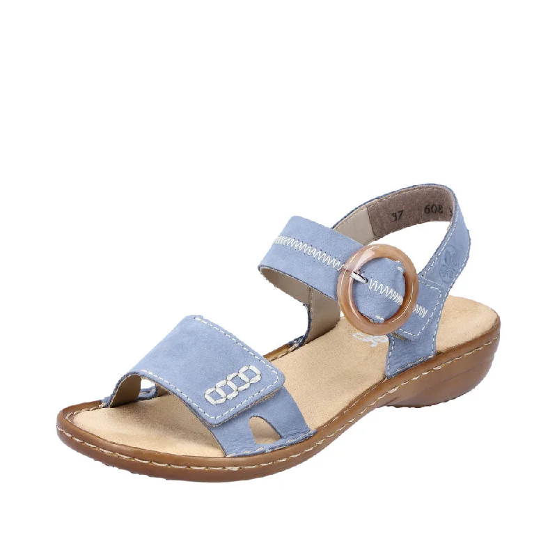 Sandals for daily wear -Rieker 608Z3-14 Ladies Jeans Blue Leather Touch Fastening Sandals