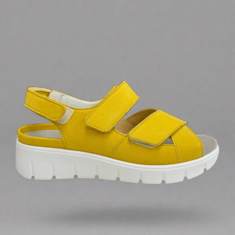 Sandals with rubber sole -Waldlaufer 658001 191 209 K-Adea Ladies Sun Yellow Nubuck Arch Support Touch Fastening Sandals