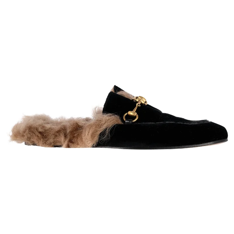 Slippers for toy tie-insGucci Princetown Horsebit-Detailed Shearling-Lined Slippers In Black Velvet