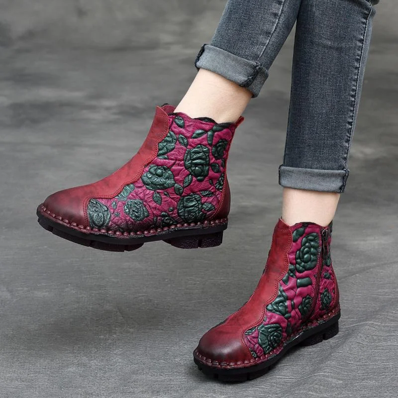 Women Retro Floral Handmade Leather Boots