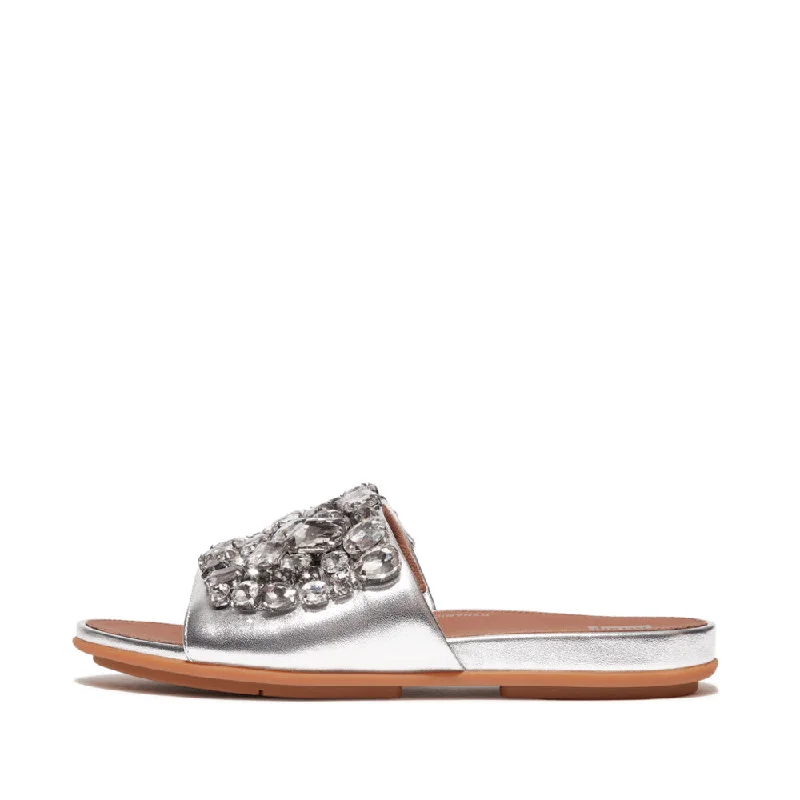 Sandals for summer outings -FitFlop HQ6-011 Gracie Jewel-Deluxe Ladies Silver Leather Slider Sandals