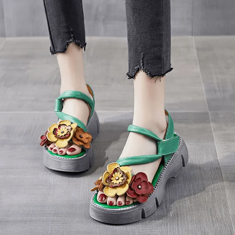 Sandals with modern comfort -Babakud Women Summer Vintage Floral Leather Mid-Heel Sandals