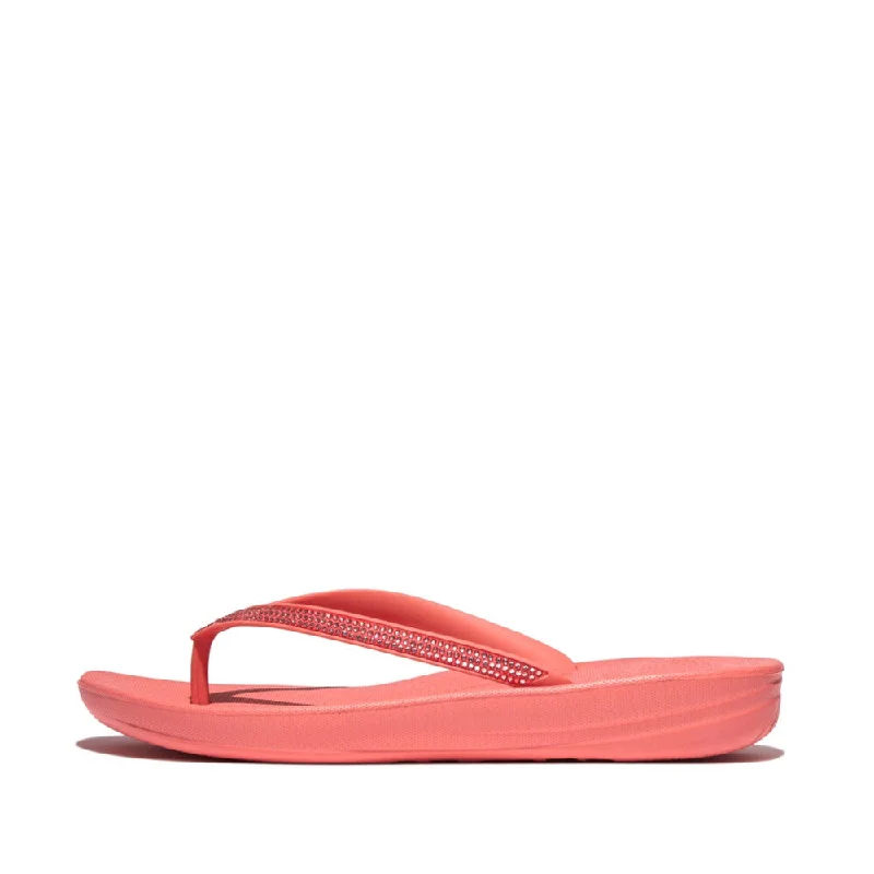 Sandals with padded comfort -FitFlop R08-B09 Iqushion Sparkle Ladies Rosy Coral Toe Post Sandals