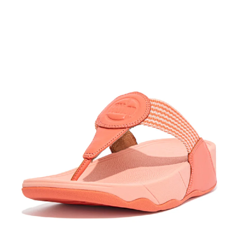 Sandals with adjustable straps -FitFlop Walkstar Finestripe Webbing FA7-580 Ladies Sunshine Coral Leather & Textile Slip On Sandals