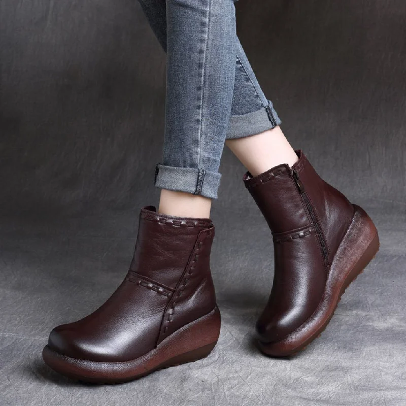 Women Trendy Warm Platform Side Zipper Wedge Heel Short Boots