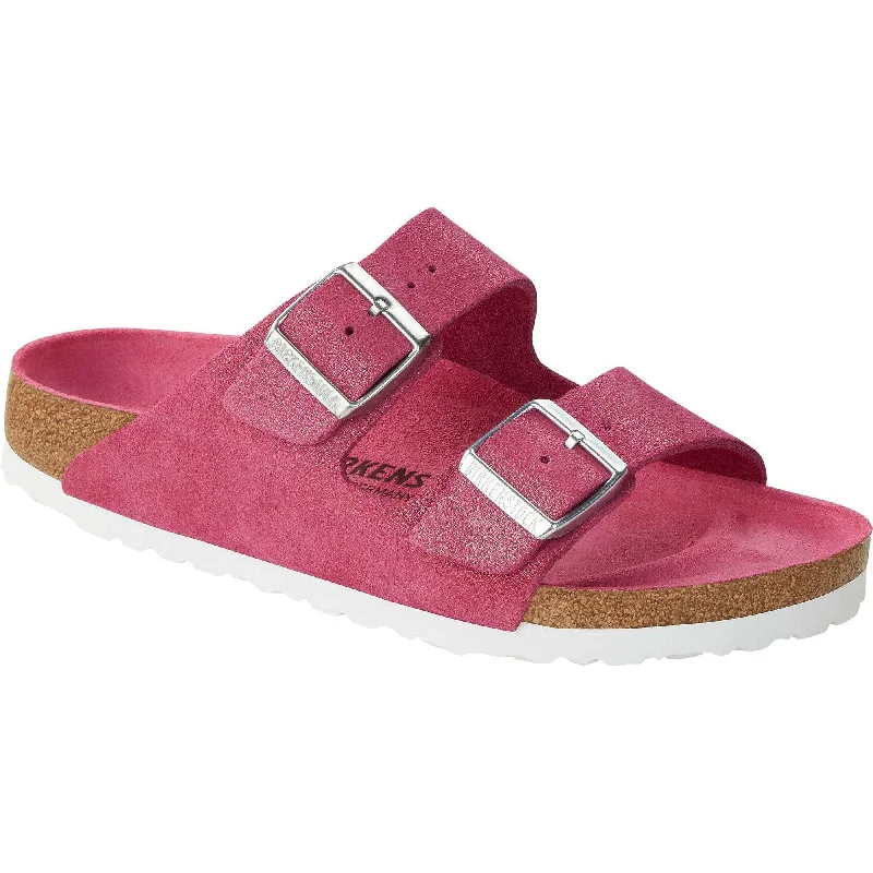 Sandals for beach walks -Birkenstock Arizona VL Shimmering 1024218 Ladies Fuchsia Tulip Suede Arch Support Slip On Sandals