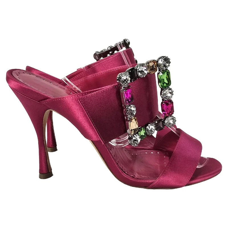 Sandals in pewter -Manolo Blahnik Verda Embellished Slip-On Heeled Sandals in Pink Satin