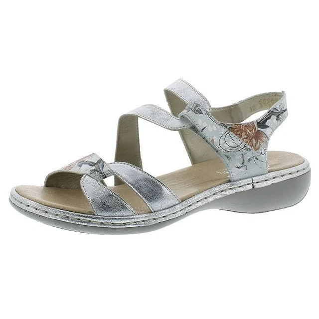 Sandals for stylish comfort -Rieker 65969-82 Ladies Silver Floral Hook and Loop Sandals