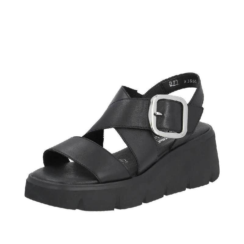 Sandals for tropical vacations -Rieker W1550-00 Ladies Black Leather Touch Fastening Sandals