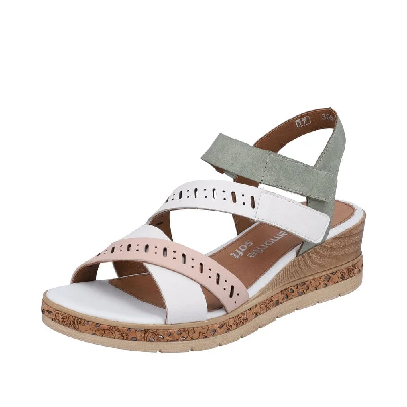 Sandals in moonstone stone -Remonte D3064-80 Ladies White, Pink & Green Leather & Textile Touch Fastening Sandals