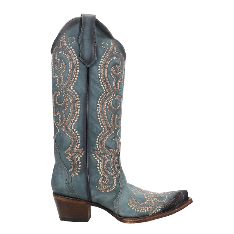 Cowboy boots with ankle heel-Ld Blue Jean Embroidery & Triad Gradient Snip Toe Cowboy Boots