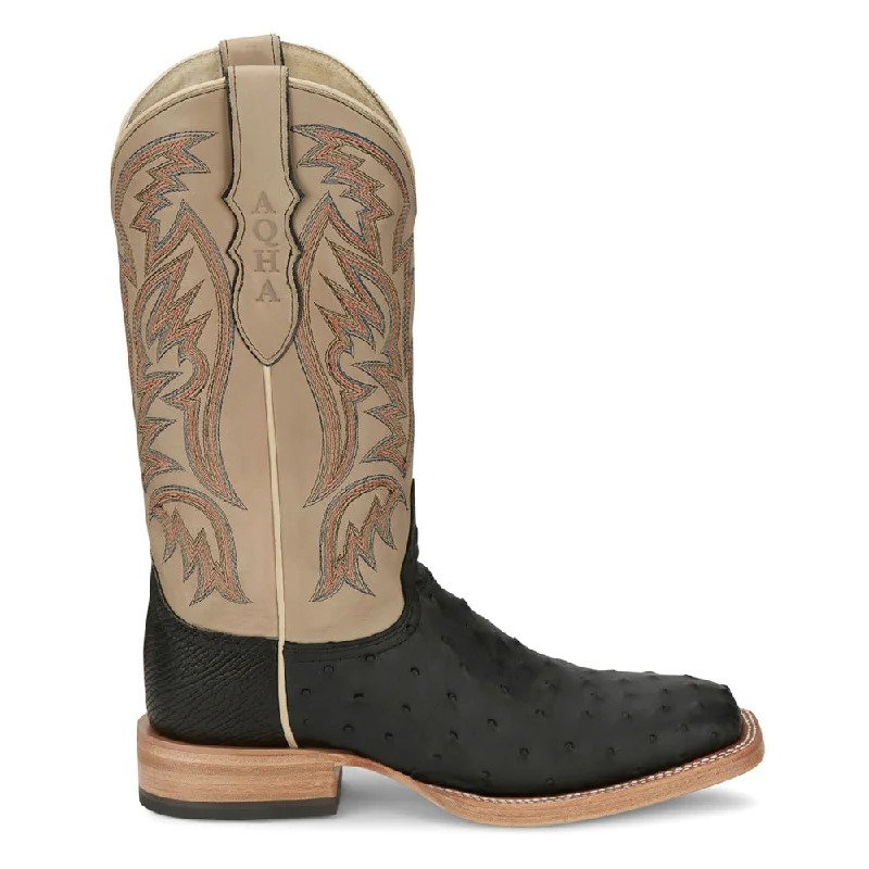 Cowboy boots with matte finish-Doc Bar Wide Embroidered Ostrich Square Toe Pull On Cowboy Boots