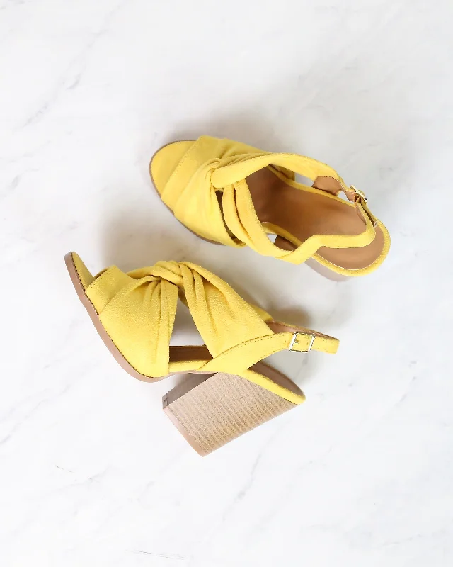 Sandals for travel -Knot Your Basic Pair Slingback Ankle Strap Wooden Heel Sandals in Yellow Suede