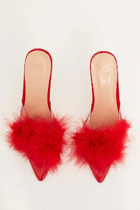 Sandals for beach walks -Red Faux Feather Stiletto Heeled Mule Sandals