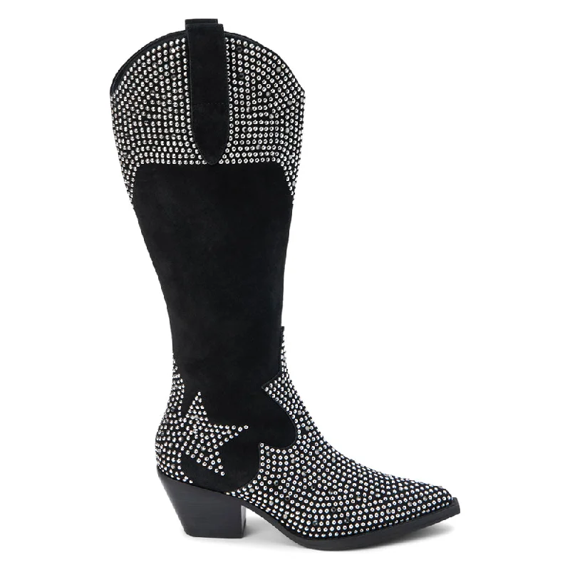 Cowboy boots with pull-on style-Dumplin Rhinestone Studded Pointed Toe Pull On Cowboy Boots