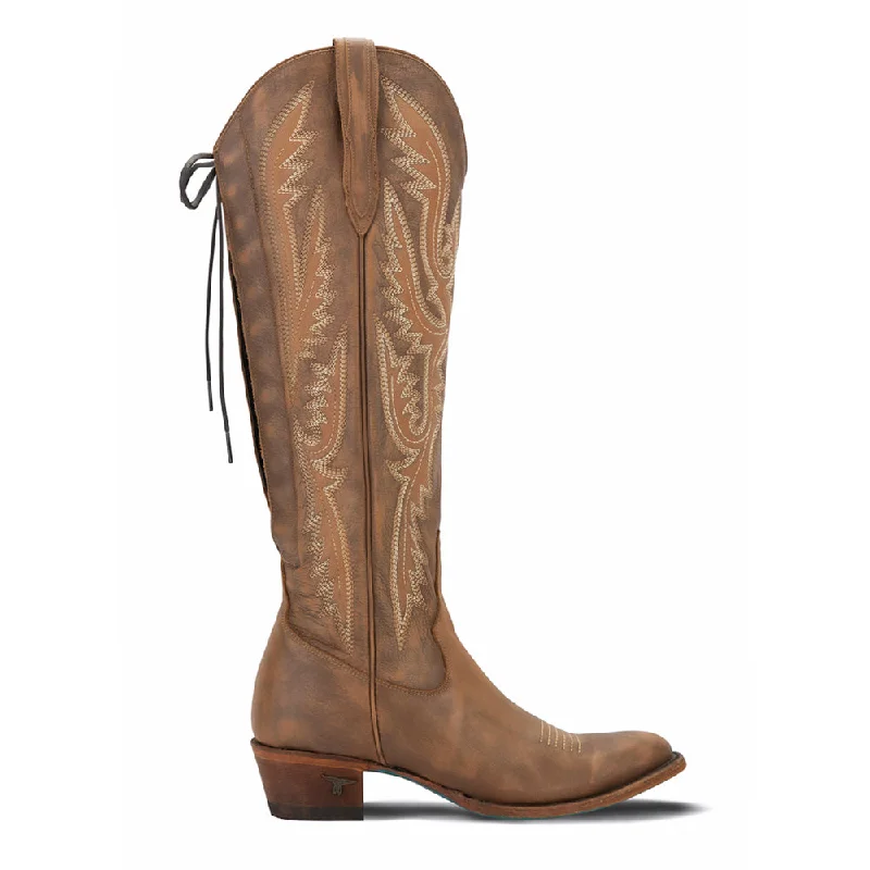 Cowboy boots for western fairs-Monica Knee High Corset Embroidered Round Toe Zippered Cowboy Boots