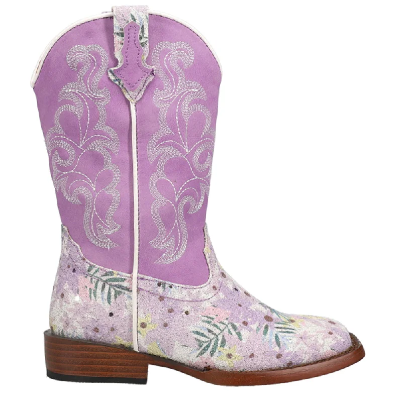 Cowboy boots with mid heel-Glitter Floral Square Toe Cowboy Boots (Little Kid-Big Kid)