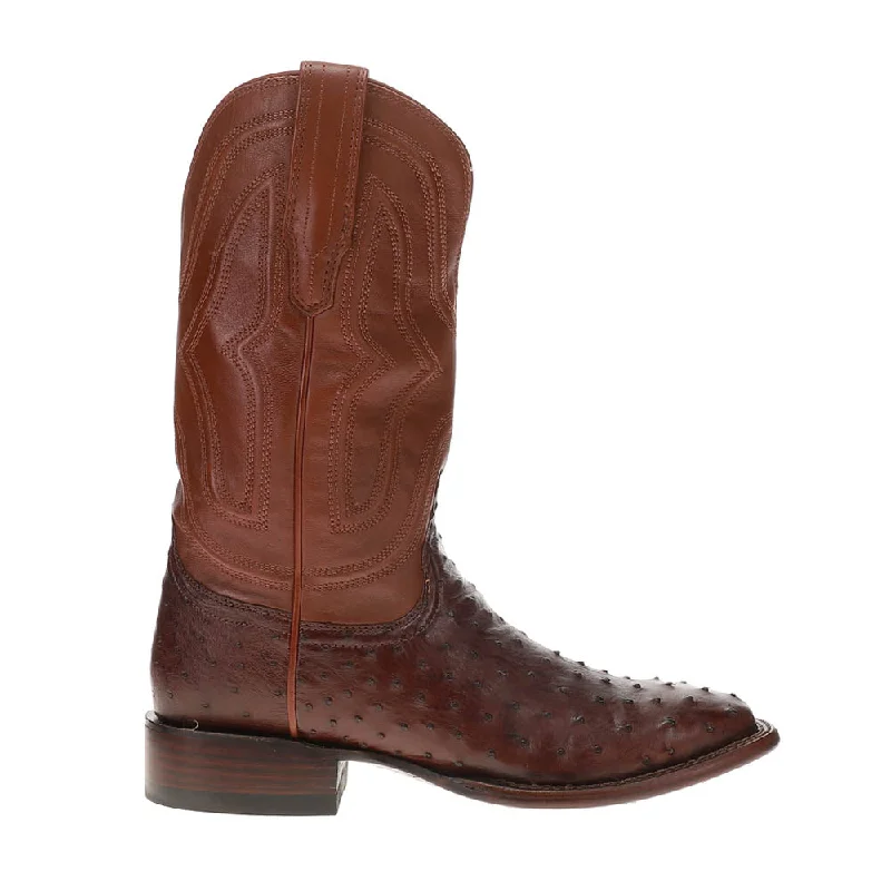 Cowboy boots with flexible soles-Emmitt Broad Embroidered Ostrich Square Toe Pull On Cowboy Boots