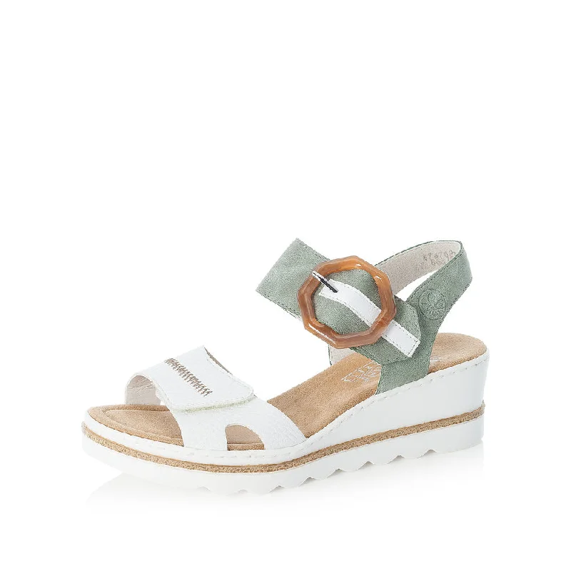 Sandals with subtle design -Rieker 67476-81 Ladies White/Mint Wedge Sandals