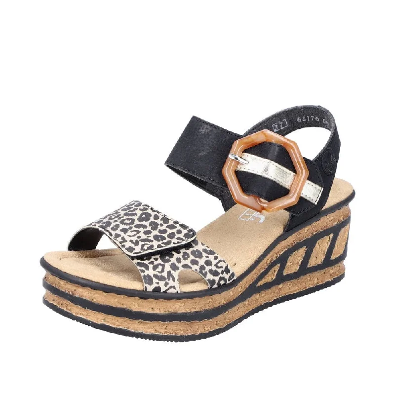 Sandals in onyx stone -Rieker 68176-00 Ladies Black & Leopard Print Synthetic Touch Fastening Sandals