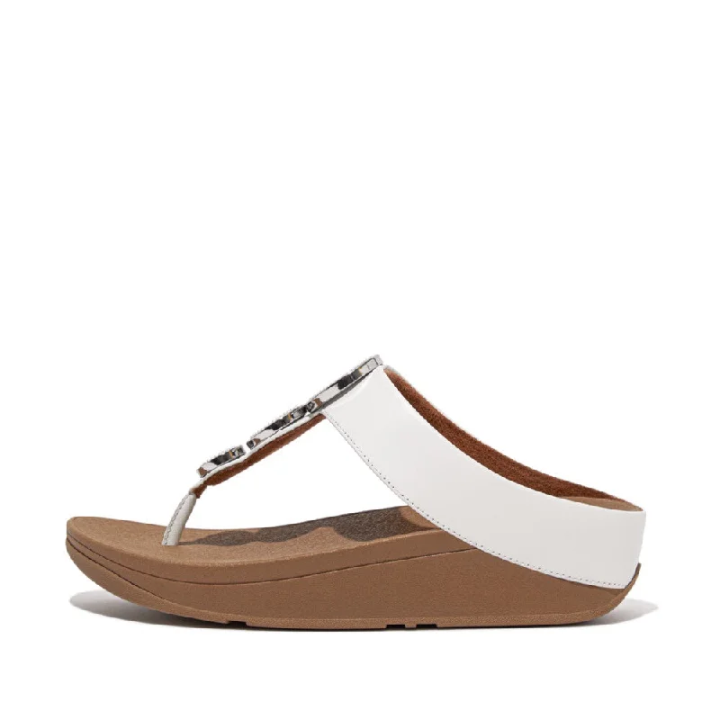 Sandals for beach looks -FitFlop HM8-194 Halo Bead-Circle Ladies Urban White Leather Toe Post Sandals