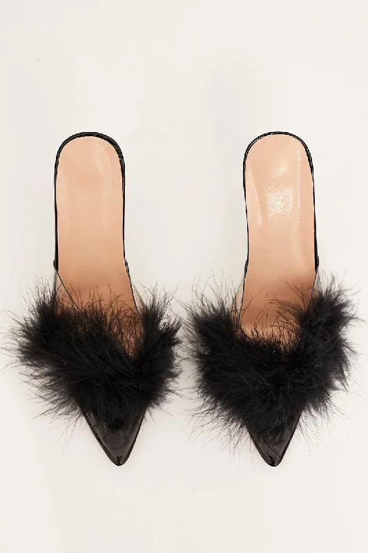 Sandals in periwinkle -Black Faux Feather Stiletto Heeled Mule Sandals