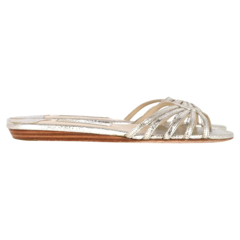 Sandals in jade stone -Jimmy Choo Flat Slip-On Sandals in Metallic Silver Leather