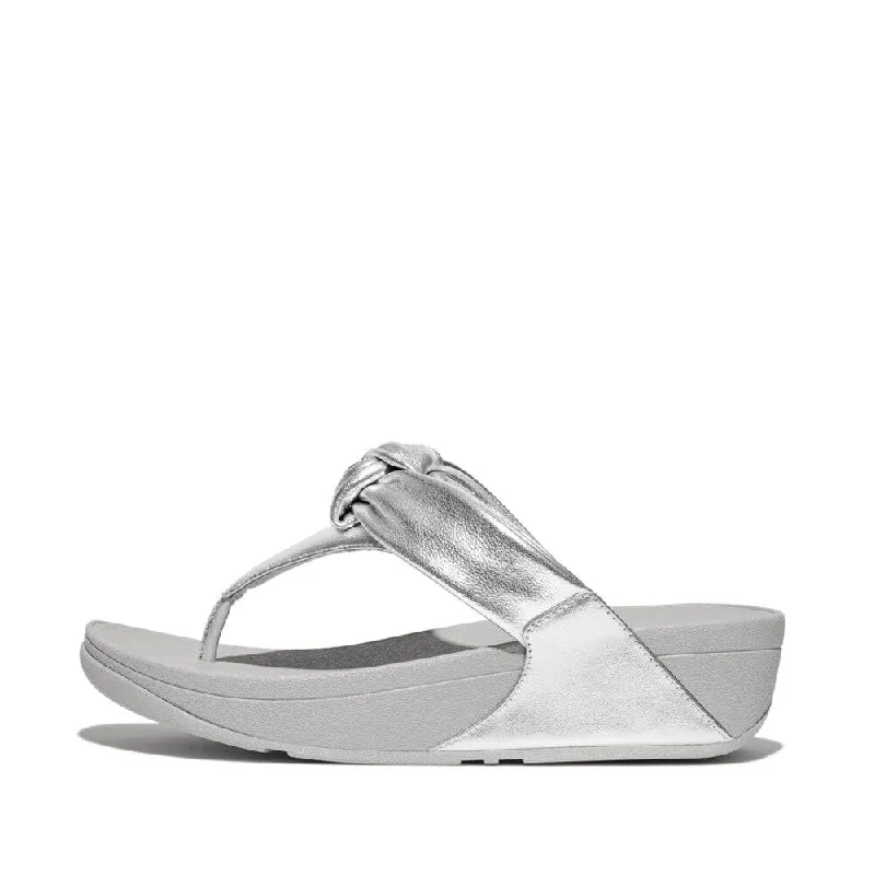 Sandals with vibrant vibes -FitFlop HN8-011 Lulu Padded-Knot Ladies Silver Leather & Textile Toe Post Sandals