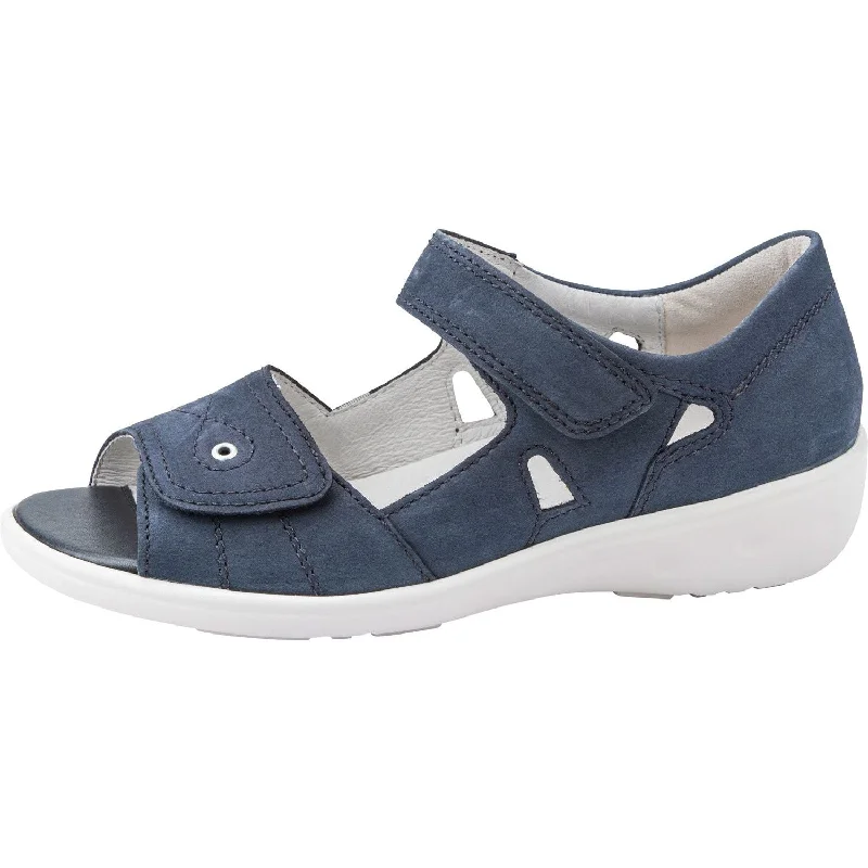 Sandals for summer wear -Waldlaufer 684021 191 218 Kara Ladies Navy Blue Nubuck Arch Support Touch Fastening Sandals