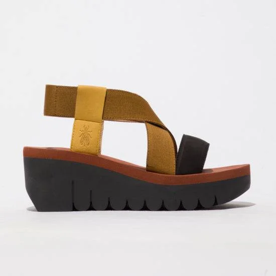 Sandals with plush straps -Fly Yabi 922 Ladies Bumble Bee Yellow, Camel And Black Textile Pull On Sandals