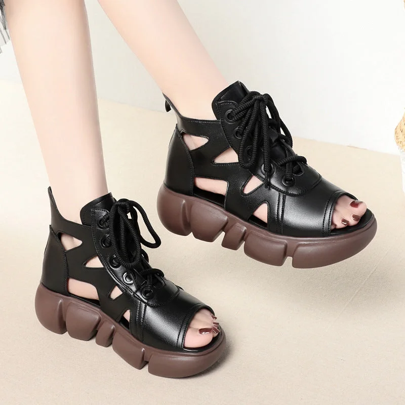 Sandals in jet -Women Summer Lace Up Platform Peep-Toe Wedge Sandals