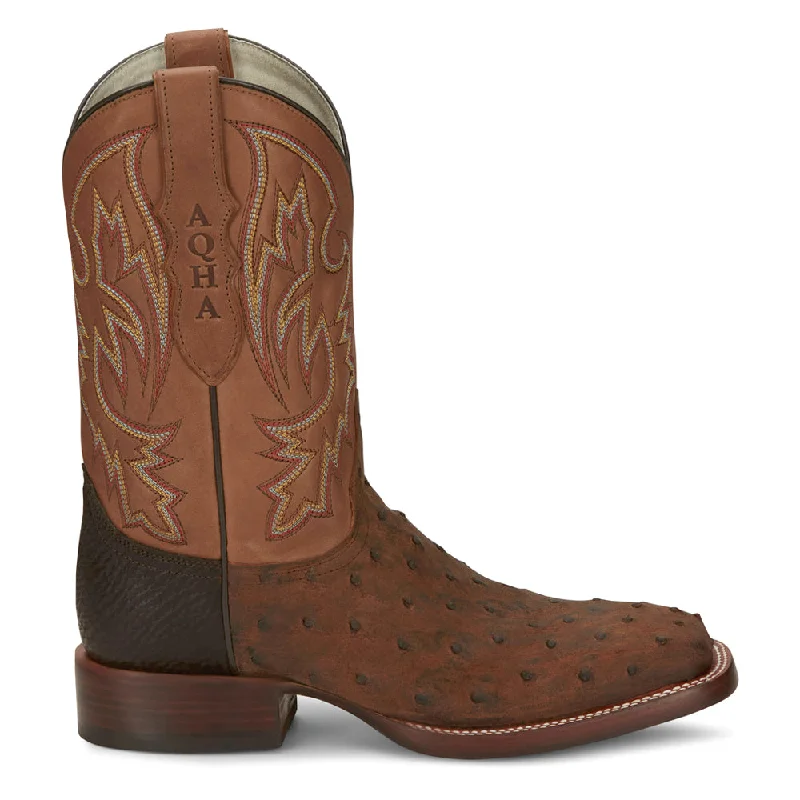 Cowboy boots with durable heels-King Wide Embroidered Ostrich Square Toe Cowboy Boots