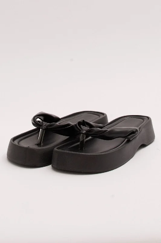 Sandals with elegant straps -Black Toe Post Chunky Sole Sandals