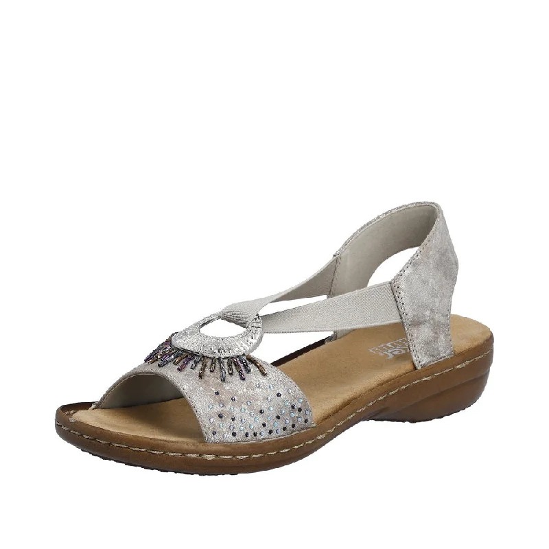 Sandals with durable fit -Rieker 60880-90 Ladies Silver Slip On Sandals