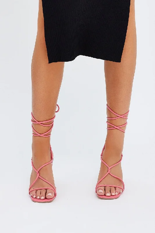 Sandals with supportive design -Pink Strappy Tie Leg Heeled Sandals