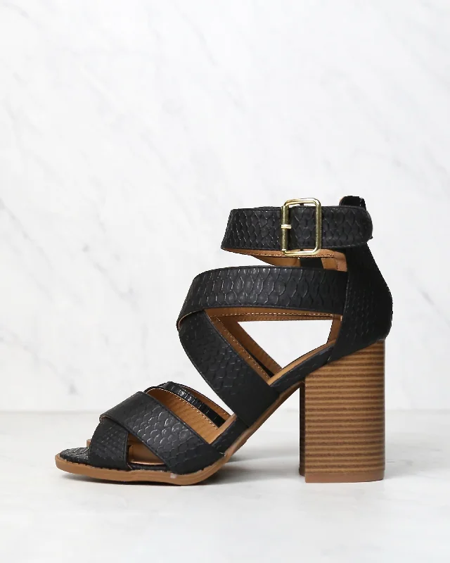 Sandals for kids -Sneaky Snake Textured Strappy Peep Toe Heeled Sandals in Black