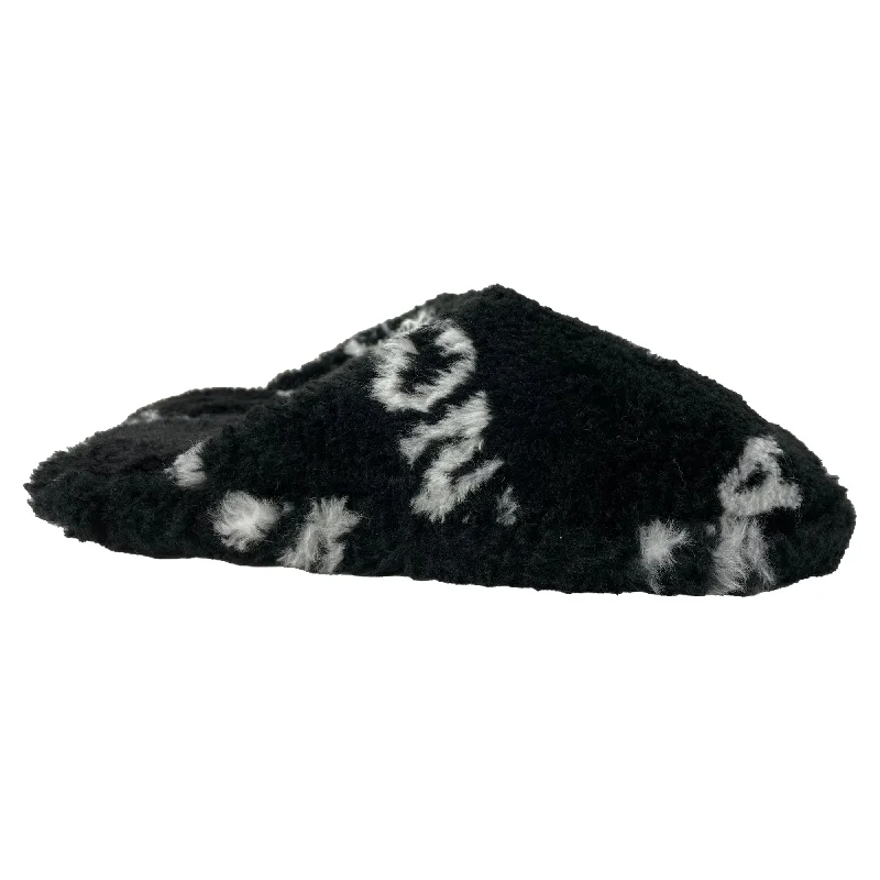 Slippers for fish designBalenciaga All Over Logo Slippers in Black Faux Fur