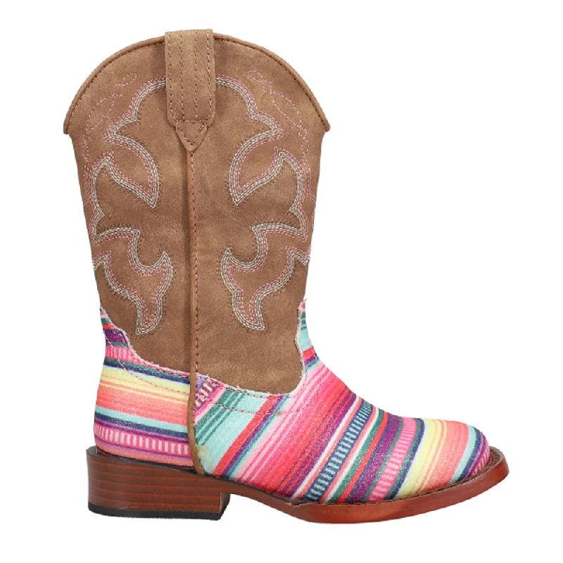 Cowboy boots for narrow ankles-Glitter Serape Striped Embroidered Square Toe Cowboy Boots (Youth)