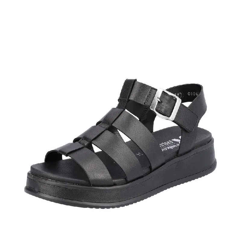 Sandals with modern style -Rieker W0804-00 Ladies Black Leather Buckle Sandals