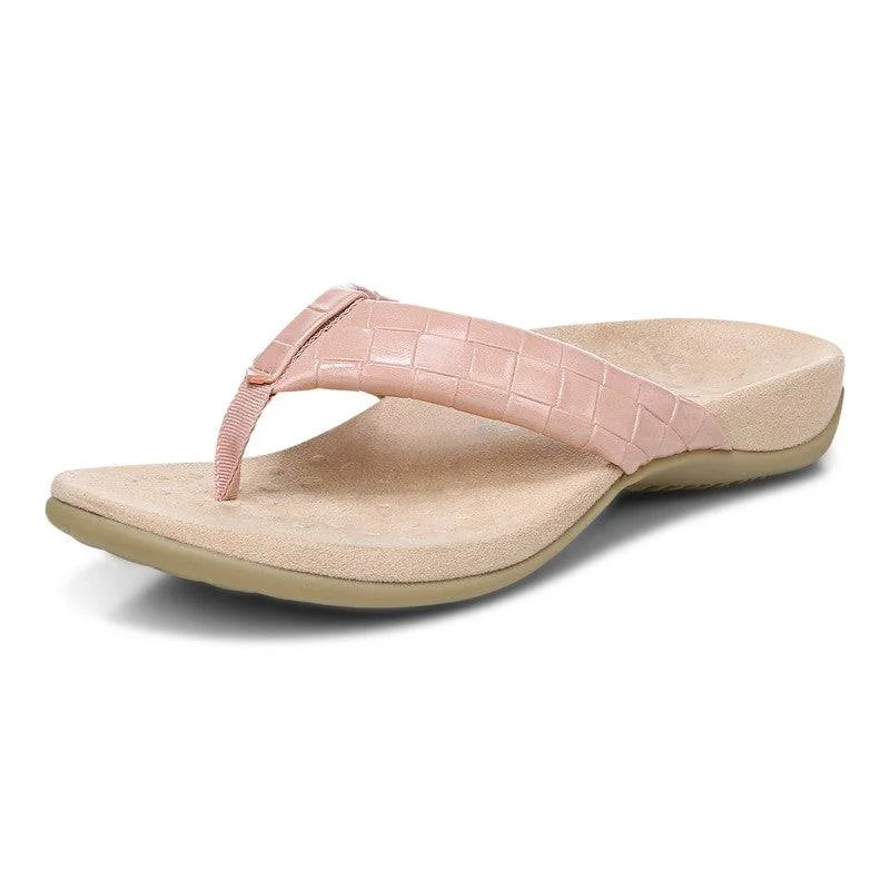 Sandals with cool heel -Vionic Layne Ladies Peach Patent Arch Support Slip On Sandals